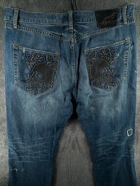 Ed Hardy Men Denim Blue Jeans Size 38x34 Cotton Embroidered Skull Print Adult